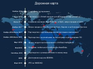 Дорожная карта
Старт бета-тестированияНоябрь 2016
Партнерство с fintech-игроком для реализации маркетплейсаИюль 2017
Создание компании AssetData Inc. в США, запуск продаж в СШАИюль 2017
Запуск продаж в Юго-Восточной Азии, Европе и на Ближнем ВостокеНоябрь 2017
Партнерство с крупнейшими консалтинговыми компаниямиНоябрь 2016-Июль 2017
Ноябрь 2016-Июль 2017 Партнерство с крупнейшими интеграторами и реселлерами ПО
Запуск модуля прогнозирования с Artificial intelligenceМарт 2018
Создание глобального сообщества AssetDataМай 2018
Партнерство с университетами по всему мируСентябрь 2018
Достижение выручки $500M+2019
IPO на NASDAQМарт 2019
 