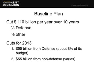 © Copyright Asset Dedication 2012




                 Baseline Plan
Cut $ 110 billion per year over 10 years
  ½ Defense
  ½ other

Cuts for 2013:
  1. $55 billion from Defense (about 8% of its
     budget)
  2. $55 billion from non-defense (varies)
 