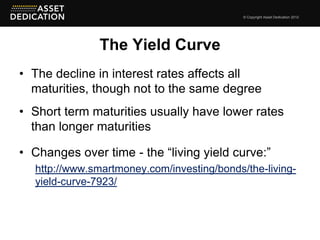 © Copyright Asset Dedication 2012




               The Yield Curve
• The decline in interest rates affects all
  maturities, though not to the same degree
• Short term maturities usually have lower rates
  than longer maturities

• Changes over time - the “living yield curve:”
  http://www.smartmoney.com/investing/bonds/the-living-
  yield-curve-7923/
 