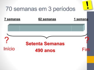 70 semanas em 3 períodos 
7 semanas 62 semanas 1 semana 
? ? 
Setenta Semanas 
Início Fim 
490 anos 
 