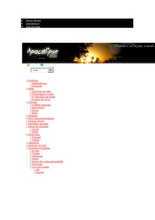 Horror Movies
   Insanitarium
   Isso dá medo


                                                Válido XHTML 1.0 - CSS - Acessibilidade - Relatar erros
                       Apocalipse 2000© 06/06/2000. Todos os direitos reservados.
                        Página inicial - Entre em contato com o Apocalipse2000




RSS     | Twitter
          Ouija         Ok
Busca
Ir para o conteúdo


    † Profecias
   o    † Nostradamus
   o    † Profecias
    † Medo
   o † Histórias do além
   o † Personagens cruéis
   o † O Tabuleiro de Ouija
   o † Contos de terror
    † Crenças
   o † A Bíblia Sagrada
   o † Espiritismo
   o † Wicca
   o † Reiki
    † Ufologia
    † Muro das Lamentações
    † Cinema Terror
    † Cemitério de sites
    † Canal de compras
   o † Livros
   o † DVDs
    † Multimídia
   o † Podcast
   o † Vídeos
    † Literatura
    † Histórico do site
    † Contatos Imediatos
   o † E-mail
   o † Twitter
   o † Facebook
   o † OrKut
   o † Quem faz o Apocalipse2000
   o † Parcerias
   o † Livro de visitas
        † Ler
        † Assinar

Home >> Profecias >>



A Profecia das Setentas Semanas (Daniel
9)
 