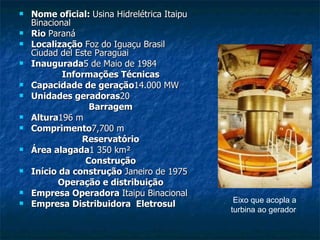 Nome oficial:  Usina Hidrelétrica Itaipu Binacional Rio  Paraná Localização  Foz do Iguaçu Brasil Ciudad del Este Paraguai Inaugurada 5 de Maio de 1984 Informações Técnicas Capacidade de geração 14.000 MW Unidades geradoras 20 Barragem Altura 196 m Comprimento 7,700 m Reservatório Área alagada 1 350 km² Construção Início da construção  Janeiro de 1975 Operação e distribuição Empresa Operadora  Itaipu Binacional Empresa Distribuidora  Eletrosul Eixo que acopla a turbina ao gerador  
