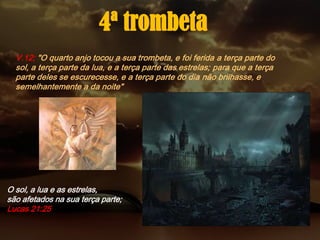 V.12; "O quarto anjo tocou a sua trombeta, e foi ferida a terça parte do
sol, a terça parte da lua, e a terça parte das estrelas; para que a terça
parte deles se escurecesse, e a terça parte do dia não brilhasse, e
semelhantemente a da noite"
4ª trombeta
O sol, a lua e as estrelas,
são afetados na sua terça parte;
Lucas 21:25
 