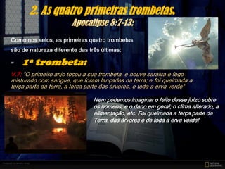 Como nos selos, as primeiras quatro trombetas
são de natureza diferente das três últimas:
- 1ª trombeta:
V.7; "O primeiro anjo tocou a sua trombeta, e houve saraiva e fogo
misturado com sangue, que foram lançados na terra; e foi queimada a
terça parte da terra, a terça parte das árvores, e toda a erva verde“
2. As quatro primeiras trombetas.
Apocalipse 8:7-13:
Nem podemos imaginar o feito desse juízo sobre
os homens, e o dano em geral; o clima alterado, a
alimentação, etc. Foi queimada a terça parte da
Terra, das árvores e de toda a erva verde!
 