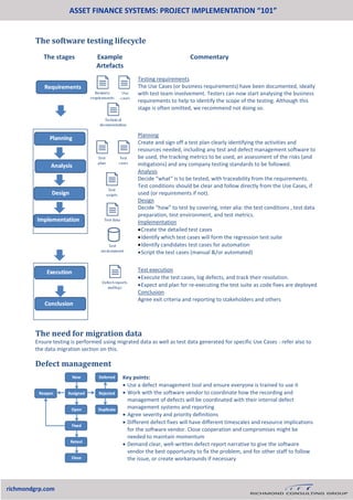 ASSET FINANCE SYSTEMS: PROJECT IMPLEMENTATION “101”
richmondgrp.com
The need for migration data
Ensure testing is performed using migrated data as well as test data generated for specific Use Cases - refer also to
the data migration section on this.
The software testing lifecycle
The stages Example
Artefacts
Testing requirements
The Use Cases (or business requirements) have been documented, ideally
with test team involvement. Testers can now start analysing the business
requirements to help to identify the scope of the testing. Although this
stage is often omitted, we recommend not doing so.
Planning
Create and sign off a test plan clearly identifying the activities and
resources needed, including any test and defect management software to
be used, the tracking metrics to be used, an assessment of the risks (and
mitigations) and any company testing standards to be followed.
Analysis
Decide “what” is to be tested, with traceability from the requirements.
Test conditions should be clear and follow directly from the Use Cases, if
used (or requirements if not).
Design
Decide “how” to test by covering, inter alia: the test conditions , test data
preparation, test environment, and test metrics.
Implementation
Create the detailed test cases
Identify which test cases will form the regression test suite
Identify candidates test cases for automation
Script the test cases (manual &/or automated)
Test execution
Execute the test cases, log defects, and track their resolution.
Expect and plan for re-executing the test suite as code fixes are deployed
Conclusion
Agree exit criteria and reporting to stakeholders and others
CommentaryExample
Artefacts
Defect management
Key points:
 Use a defect management tool and ensure everyone is trained to use it
 Work with the software vendor to coordinate how the recording and
management of defects will be coordinated with their internal defect
management systems and reporting
 Agree severity and priority definitions
 Different defect fixes will have different timescales and resource implications
for the software vendor. Close cooperation and compromises might be
needed to maintain momentum
 Demand clear, well-written defect report narrative to give the software
vendor the best opportunity to fix the problem, and for other staff to follow
the issue, or create workarounds if necessary
 