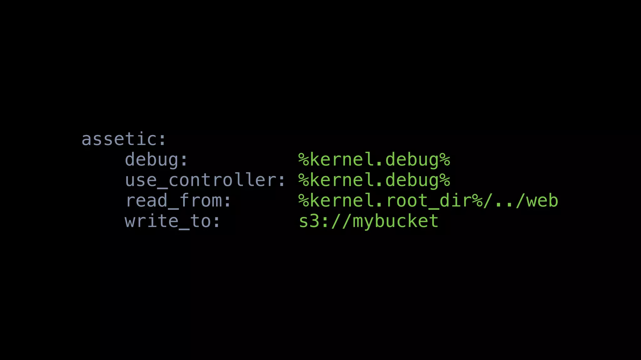 assetic:
    debug:            %kernel.debug%
    use_controller:   %kernel.debug%
    read_from:        %kernel.root_dir%/../web
    write_to:         s3://mybucket
 