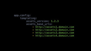 app.config:
    templating:
        assets_version: 1.2.3
        assets_base_urls:
            - http://assets1.domain.com
            - http://assets2.domain.com
            - http://assets3.domain.com
            - http://assets4.domain.com
 
