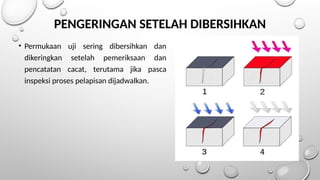 • Permukaan uji sering dibersihkan dan
dikeringkan setelah pemeriksaan dan
pencatatan cacat, terutama jika pasca
inspeksi proses pelapisan dijadwalkan.
PENGERINGAN SETELAH DIBERSIHKAN
 