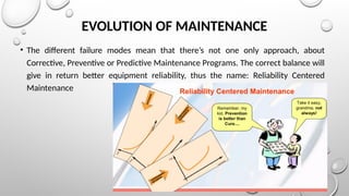 EVOLUTION OF MAINTENANCE
• The different failure modes mean that there’s not one only approach, about
Corrective, Preventive or Predictive Maintenance Programs. The correct balance will
give in return better equipment reliability, thus the name: Reliability Centered
Maintenance
 