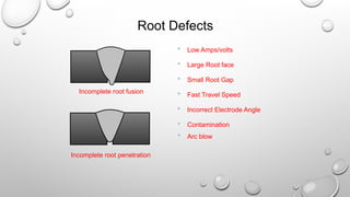Root Defects
Incomplete root fusion
Incomplete root penetration
 Low Amps/volts
 Large Root face
 Small Root Gap
 Fast Travel Speed
 Incorrect Electrode Angle
 Contamination
 Arc blow
 