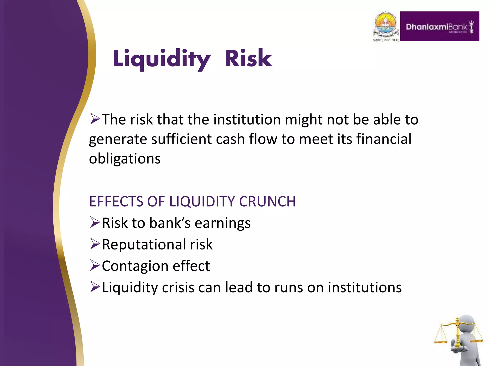 Liquidity Risk
The risk that the institution might not be able to
generate sufficient cash flow to meet its financial
obligations
EFFECTS OF LIQUIDITY CRUNCH
Risk to bank’s earnings
Reputational risk
Contagion effect
Liquidity crisis can lead to runs on institutions
 