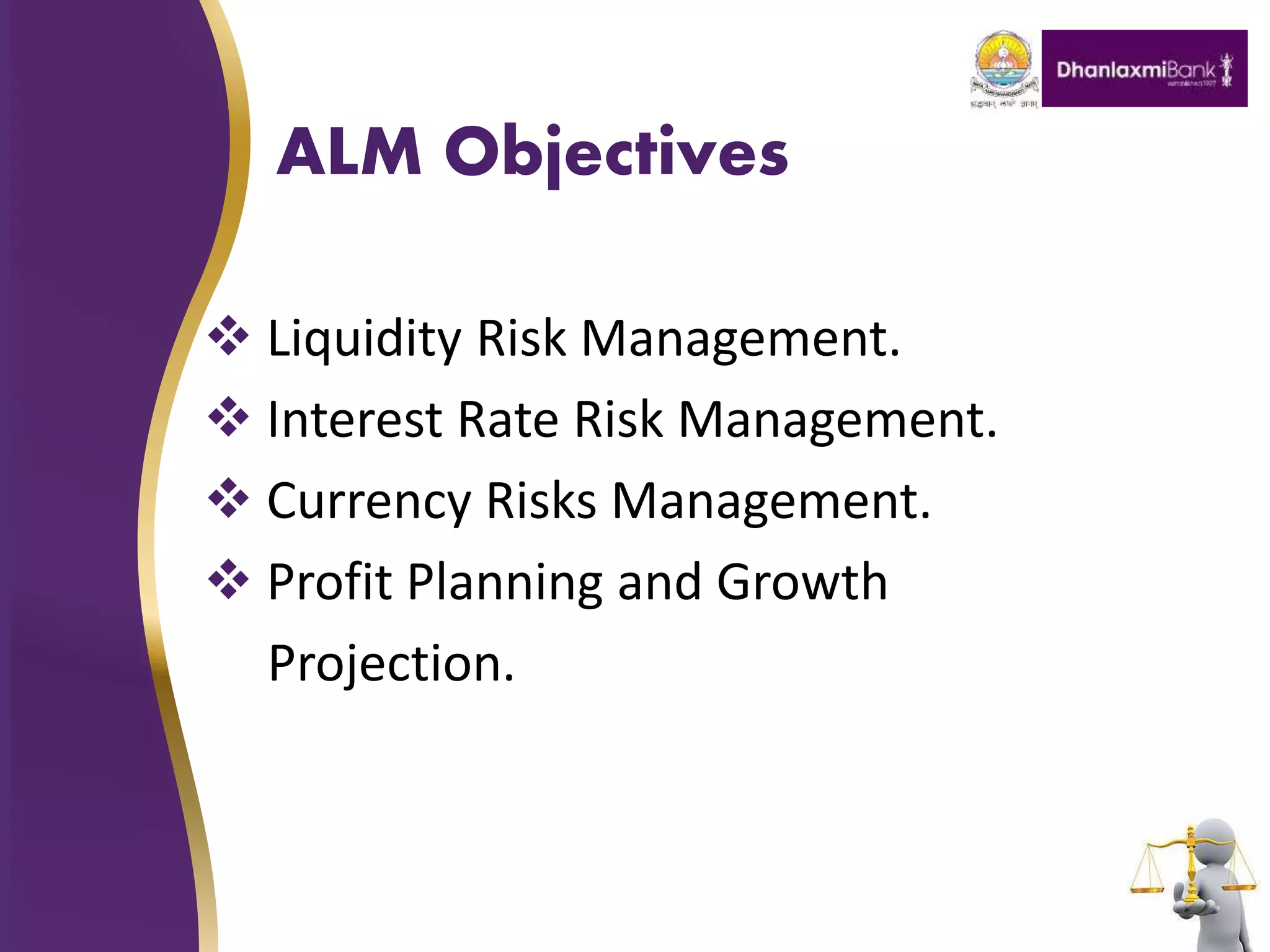 ALM Objectives
 Liquidity Risk Management.
 Interest Rate Risk Management.
 Currency Risks Management.
 Profit Planning and Growth
Projection.
 