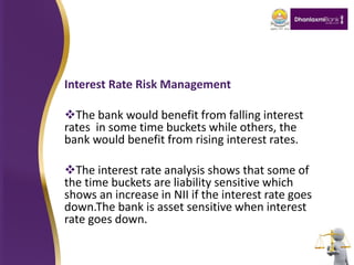 Interest Rate Risk Management
The bank would benefit from falling interest
rates in some time buckets while others, the
bank would benefit from rising interest rates.
The interest rate analysis shows that some of
the time buckets are liability sensitive which
shows an increase in NII if the interest rate goes
down.The bank is asset sensitive when interest
rate goes down.
 
