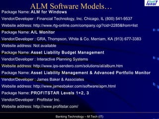 Banking Technology – M.Tech (IT)
ALM Software Models…
Package Name: ALM for Windows
Vendor/Developer : Financial Technology, Inc. Chicago, IL (800) 541-9537
Website address: http://www.rtg-online.com/company.cgi?cid=2285&from=list
Package Name: A/L Monitor
Vendor/Developer : GRA, Thompson, White & Co. Merriam, KA (913) 677-3383
Website address: Not available
Package Name: Asset Liability Budget Management
Vendor/Developer : Interactive Planning Systems
Website address: http://www.ips-sendero.com/solutions/al/album.htm
Package Name: Asset Liability Management & Advanced Portfolio Monitor
Vendor/Developer : James Baker & Associates
Website address: http://www.jamesbaker.com/software/apm.html
Package Name: PROFITSTAR Levels 1+2, 3
Vendor/Developer : Profitstar Inc.
Website address: http://www.profitstar.com/
 