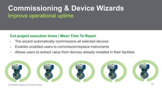 Commissioning & Device Wizards 
Improve operational uptime 
Cut project execution times / Mean Time To Repair 
- The wizard automatically commissions all selected devices 
- Enables unskilled users to commission/replace instruments 
- Allows users to extract value from devices already installed in their facilities 
Confidential Property of Schneider Electric 11 
 