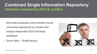 Combined Single Information Repository 
Streamline engineering effort & workflow 
- Eliminates duplication and mismatch issues 
commonly experienced by vendors that 
employ independent DCS and Asset 
databases 
- Saves labor – Single backup 
Confidential Property of Schneider Electric 13 
 