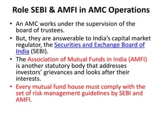 Role SEBI & AMFI in AMC Operations
• An AMC works under the supervision of the
board of trustees.
• But, they are answerable to India’s capital market
regulator, the Securities and Exchange Board of
India (SEBI).
• The Association of Mutual Funds in India (AMFI)
is another statutory body that addresses
investors’ grievances and looks after their
interests.
• Every mutual fund house must comply with the
set of risk management guidelines by SEBI and
AMFI.
 