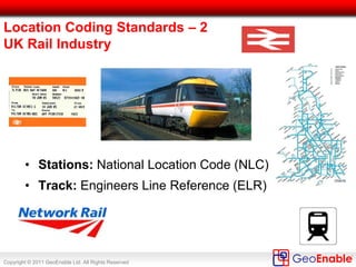 Copyright © 2011 GeoEnable Ltd. All Rights Reserved
• To define where we are on the track – need a coding
system
( Legacy system specified by London Underground)
– N124 = unique area code
– N = northern line
– EB = eastbound track
– LO = local track
– 101 = 101 metres along track in direction from start of an area
We need Standards (& Codification)
 