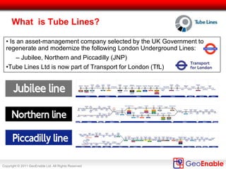 Copyright © 2011 GeoEnable Ltd. All Rights Reserved
What is Tube Lines?
• Is an asset-management company selected by the UK Government to
regenerate and modernize the following London Underground Lines:
– Jubilee, Northern and Piccadilly (JNP)
•Tube Lines Ltd is now part of Transport for London (TfL)
 
