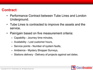 Copyright © 2011 GeoEnable Ltd. All Rights Reserved
Contract
• Performance Contract between Tube Lines and London
Underground.
• Tube Lines is contracted to improve the assets and the
service.
• Pain/gain based on five measurement criteria:
– Capability - Journey time minutes,
– Availability - Lost customer hours,
– Service points - Number of system faults,
– Ambience - Mystery Shopper Surveys,
– Stations delivery - Delivery of projects against set dates.
 