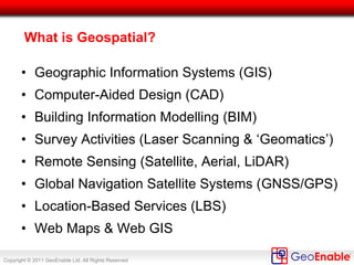 Copyright © 2011 GeoEnable Ltd. All Rights Reserved
Example: Civils and Track
In this example
Geographic View of:
• Civils
• Bridges &
Structures
• Earth Structures
• P-Way
• Plain line track
• P & C (switches)
SOURCES
GEOMETRY
Generated using geometry
(‘shapes’) take from CAD, survey
data and digitized in GIS (using
aerial imagery and LiDAR).
ATTRIBUTES
Held and mastered in Maximo
EAMS
 