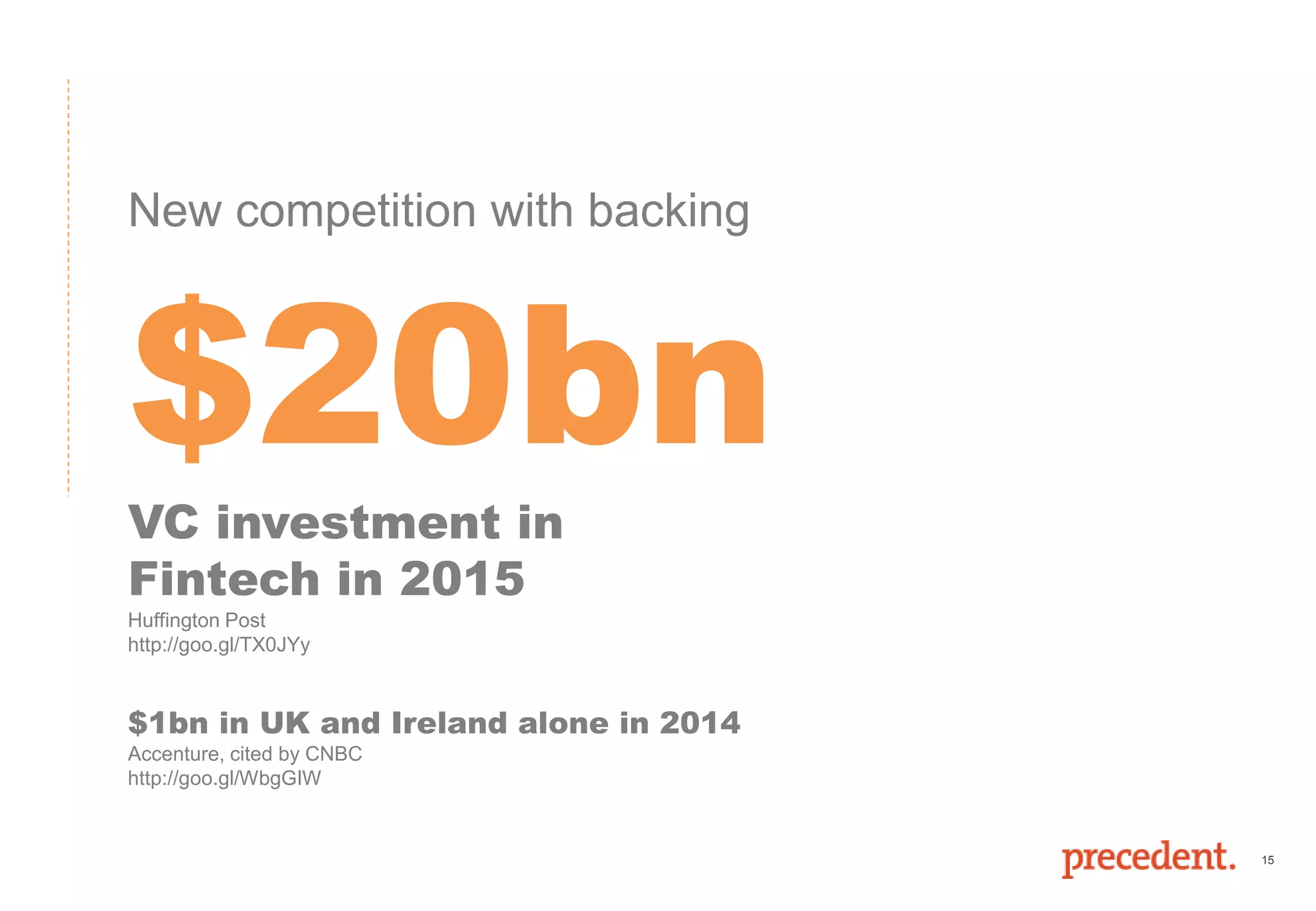 15
New competition with backing
$20bnVC investment in
Fintech in 2015
Huffington Post
http://goo.gl/TX0JYy
$1bn in UK and Ireland alone in 2014
Accenture, cited by CNBC
http://goo.gl/WbgGIW
 