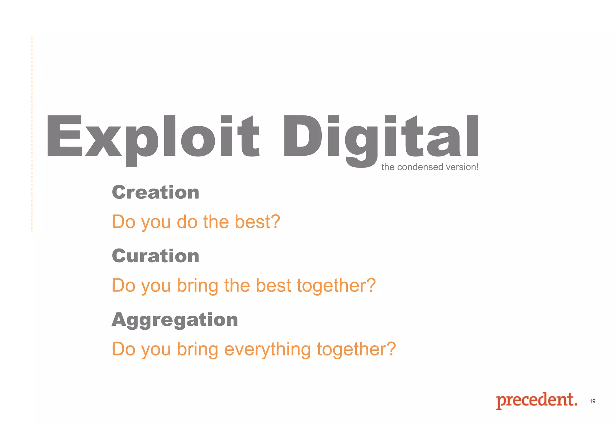 19
Exploit Digital
Creation
Do you do the best?
Curation
Do you bring the best together?
Aggregation
Do you bring everything together?
the condensed version!
 