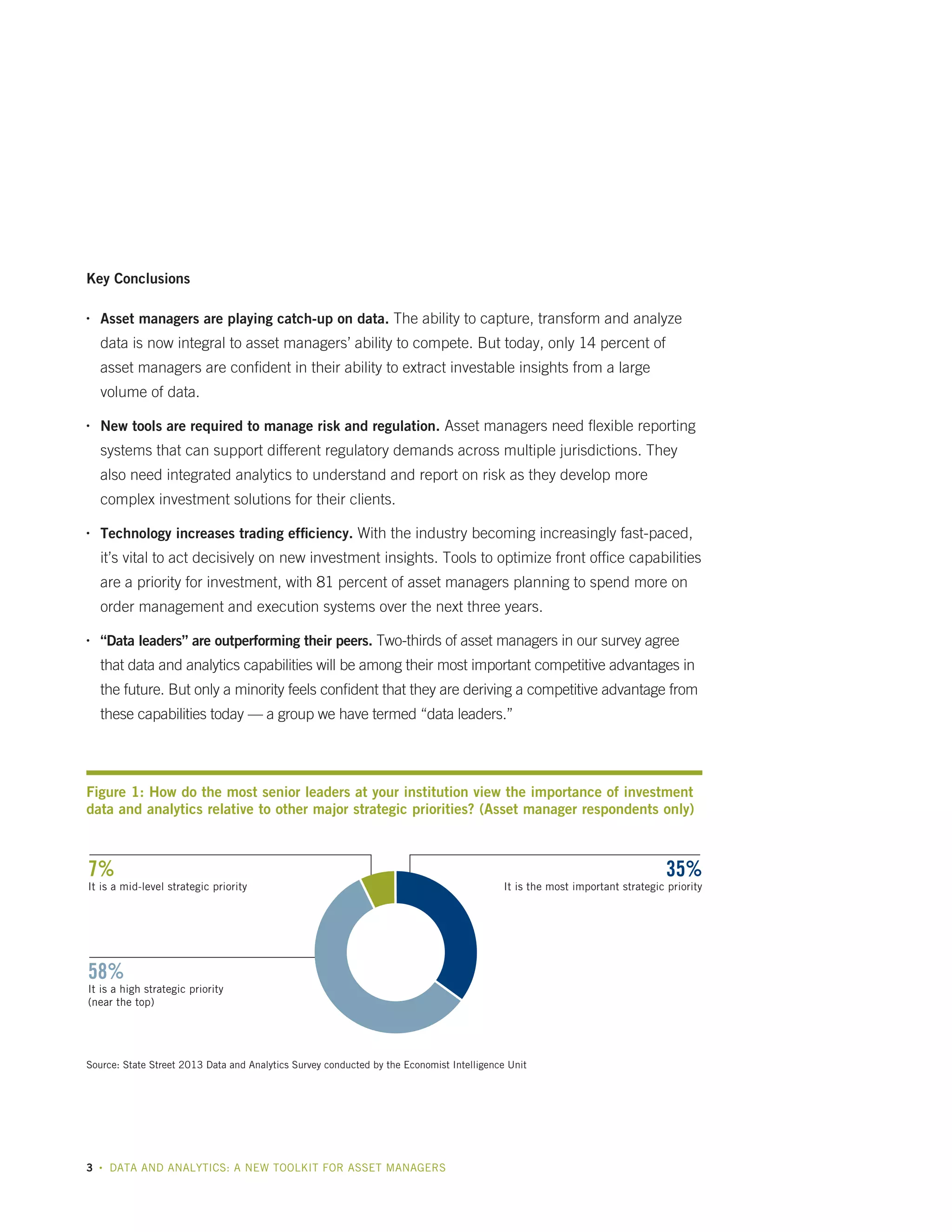 Key Conclusions
•	

Asset managers are playing catch-up on data. The ability to capture, transform and analyze

data is now integral to asset managers’ ability to compete. But today, only 14 percent of
asset managers are confident in their ability to extract investable insights from a large
volume of data.
•	

New tools are required to manage risk and regulation. Asset managers need flexible reporting

systems that can support different regulatory demands across multiple jurisdictions. They
also need integrated analytics to understand and report on risk as they develop more
complex investment solutions for their clients.
•	

Technology increases trading efficiency. With the industry becoming increasingly fast-paced,

it’s vital to act decisively on new investment insights. Tools to optimize front office capabilities
are a priority for investment, with 81 percent of asset managers planning to spend more on
order management and execution systems over the next three years.
•	

“Data leaders” are outperforming their peers. Two-thirds of asset managers in our survey agree

that data and analytics capabilities will be among their most important competitive advantages in
the future. But only a minority feels confident that they are deriving a competitive advantage from
these capabilities today — a group we have termed “data leaders.”

Figure 1: How do the most senior leaders at your institution view the importance of investment
Fig. 1:
data and analytics relative to other major strategic priorities? (Asset manager respondents only)

7%

It is a mid-level strategic priority

58%

It is a high strategic priority
(near the top)

Source: State Street 2013 Data and Analytics Survey conducted by the Economist Intelligence Unit

3

•

DATA AND ANALYTICS: A NEW TOOLKIT FOR ASSET MANAGERS

35%

It is the most important strategic priority

 