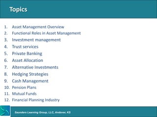 Topics

1.   Asset Management Overview
2.   Functional Roles in Asset Management
3.   Investment management
4.   Trust services
5.   Private Banking
6.   Asset Allocation
7.   Alternative Investments
8.   Hedging Strategies
9.   Cash Management
10. Pension Plans
11. Mutual Funds
12. Financial Planning Industry

      Saunders Learning Group, LLC, Andover, KS
 