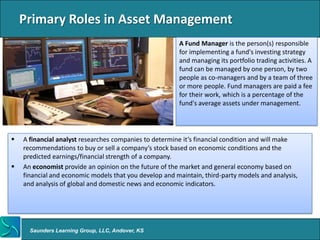 Primary Roles in Asset Management
                                                        A Fund Manager is the person(s) responsible
                                                        for implementing a fund's investing strategy
                                                        and managing its portfolio trading activities. A
                                                        fund can be managed by one person, by two
                                                        people as co-managers and by a team of three
                                                        or more people. Fund managers are paid a fee
                                                        for their work, which is a percentage of the
                                                        fund's average assets under management.




   A financial analyst researches companies to determine it’s financial condition and will make
    recommendations to buy or sell a company’s stock based on economic conditions and the
    predicted earnings/financial strength of a company.
   An economist provide an opinion on the future of the market and general economy based on
    financial and economic models that you develop and maintain, third-party models and analysis,
    and analysis of global and domestic news and economic indicators.




      Saunders Learning Group, LLC, Andover, KS
 