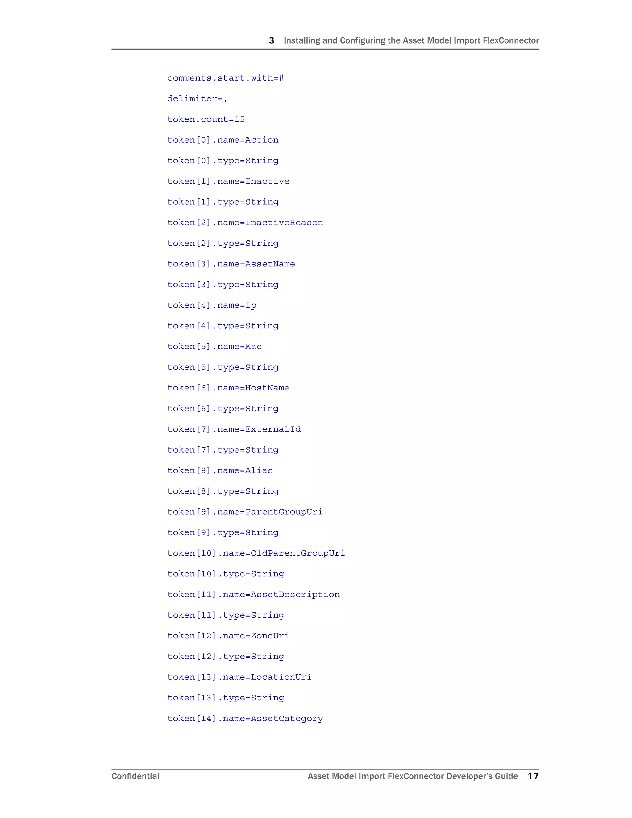 3 Installing and Configuring the Asset Model Import FlexConnector
Confidential Asset Model Import FlexConnector Developer’s Guide 17
comments.start.with=#
delimiter=,
token.count=15
token[0].name=Action
token[0].type=String
token[1].name=Inactive
token[1].type=String
token[2].name=InactiveReason
token[2].type=String
token[3].name=AssetName
token[3].type=String
token[4].name=Ip
token[4].type=String
token[5].name=Mac
token[5].type=String
token[6].name=HostName
token[6].type=String
token[7].name=ExternalId
token[7].type=String
token[8].name=Alias
token[8].type=String
token[9].name=ParentGroupUri
token[9].type=String
token[10].name=OldParentGroupUri
token[10].type=String
token[11].name=AssetDescription
token[11].type=String
token[12].name=ZoneUri
token[12].type=String
token[13].name=LocationUri
token[13].type=String
token[14].name=AssetCategory
 