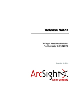 Release Notes
ArcSight Asset Model Import
FlexConnector 7.0.7.7287.0
December 16, 2014
 