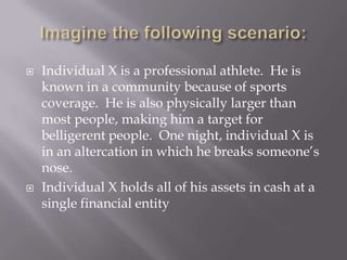    Individual X is a professional athlete. He is
    known in a community because of sports
    coverage. He is also physically larger than
    most people, making him a target for
    belligerent people. One night, individual X is
    in an altercation in which he breaks someone‟s
    nose.
   Individual X holds all of his assets in cash at a
    single financial entity
 