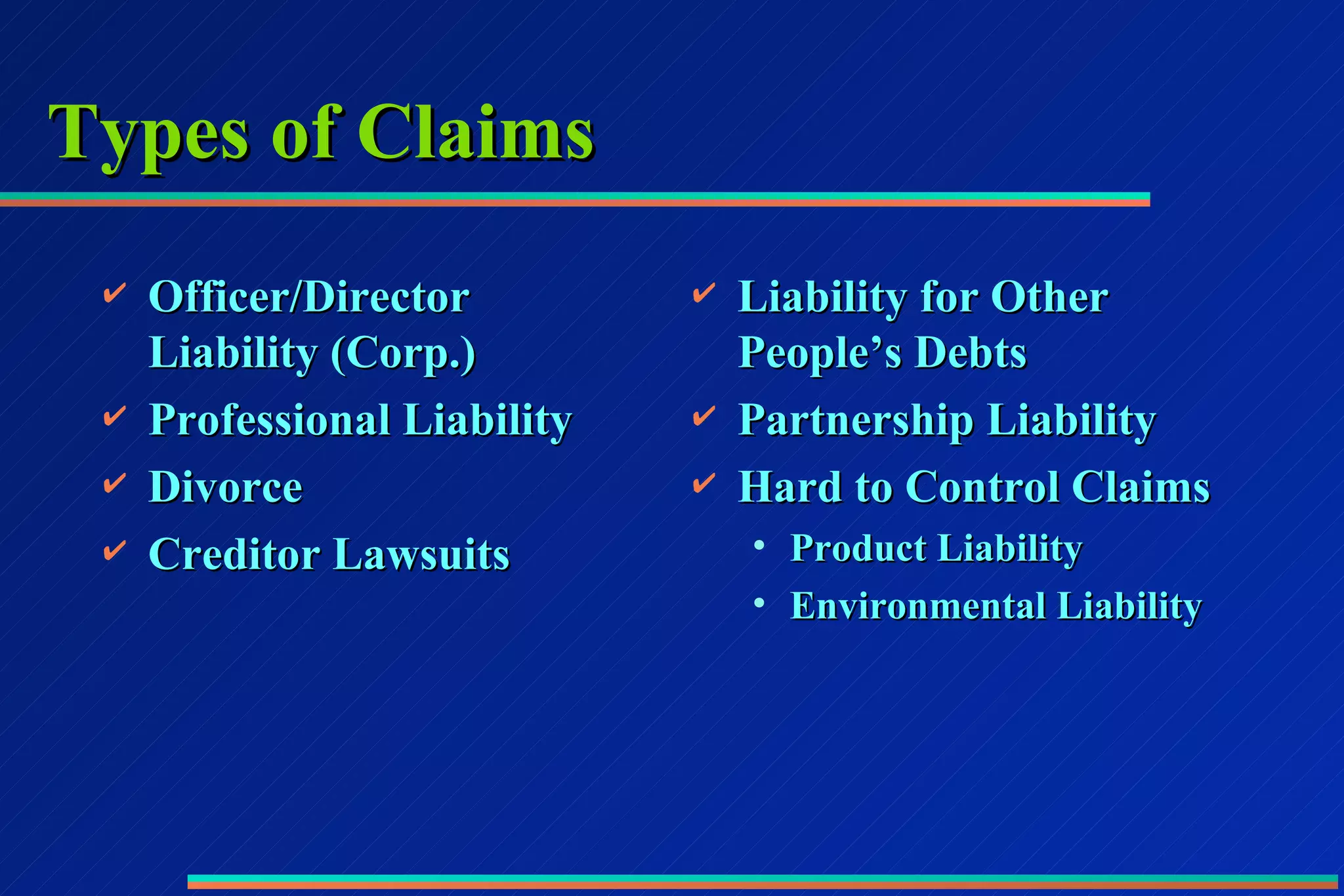 Types of Claims Officer/Director Liability (Corp.) Professional Liability Divorce Creditor Lawsuits Liability for Other People’s Debts Partnership Liability Hard to Control Claims Product Liability Environmental Liability 