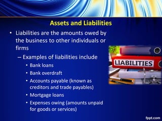 Assets and Liabilities
• Liabilities are the amounts owed by
the business to other individuals or
firms
– Examples of liabilities include
• Bank loans
• Bank overdraft
• Accounts payable (known as
creditors and trade payables)
• Mortgage loans
• Expenses owing (amounts unpaid
for goods or services)
 