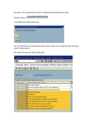 Structures Copy Reference Chart of Depreciation/Depreciation Areas
Double Click on
And update the depreciation area
We will delete the unwanted depreciation areas which were copied from the reference
chart of depreciation.
We select the areas for deletion like this
 