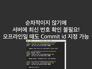 순차적이지 않기에 
서버에 최신 번호 확인 불필요! 
오프라인일 때도 Commit id 지정 가능 
 