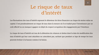 ENCGK - MOFB
Les fluctuations des taux d'intérêt exposent le détenteur de titres financiers au risque de moins-value en
capital. C'est paradoxalement un risque de taux dans la mesure où il se traduit pour l'investisseur par un
coût effectif ou un manque à gagner en dépit du respect scrupuleux des engagements par l'émetteur.
Le risque de taux d’intérêt est issu de la détention de créances et dettes dont la date de modification des
taux d’intérêt qui leur sont attachées ne coïncident pas, sachant que pendant ce laps de temps les taux
peuvent évoluer à la hausse comme à la baisse.
Le risque de taux
d’intérêt
8
 