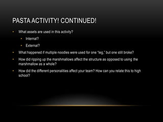 Pasta Activity! continued!What assets are used in this activity? Internal? External? What happened if multiple noodles were used for one “leg,” but one still broke?How did ripping up the marshmallows affect the structure as opposed to using the marshmallow as a whole?How did the different personalities affect your team? How can you relate this to high school?