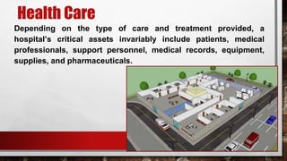 Health Care
Depending on the type of care and treatment provided, a
hospital’s critical assets invariably include patients, medical
professionals, support personnel, medical records, equipment,
supplies, and pharmaceuticals.
 