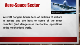 Aero-Space Sector
Aircraft hangars house tens of millions of dollars
in assets and are host to some of the most
complex (and dangerous) mechanical operations
in the mechanized world.
 