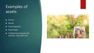 Examples of
assets
 Stocks
 Bonds
 Fixed deposits
 Real Estate
 Intellectual property like
patents, copyrights etc
 