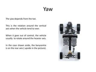 Yaw
The yaw depends from the toe.
This is the rotation around the vertical
axis when the vehicle tend to veer.
When it goes out of control, the vehicle
usually to rotate around the heavier axis.
In the case shown aside, the barycentre
is on the rear axis ( upside in the picture).
 