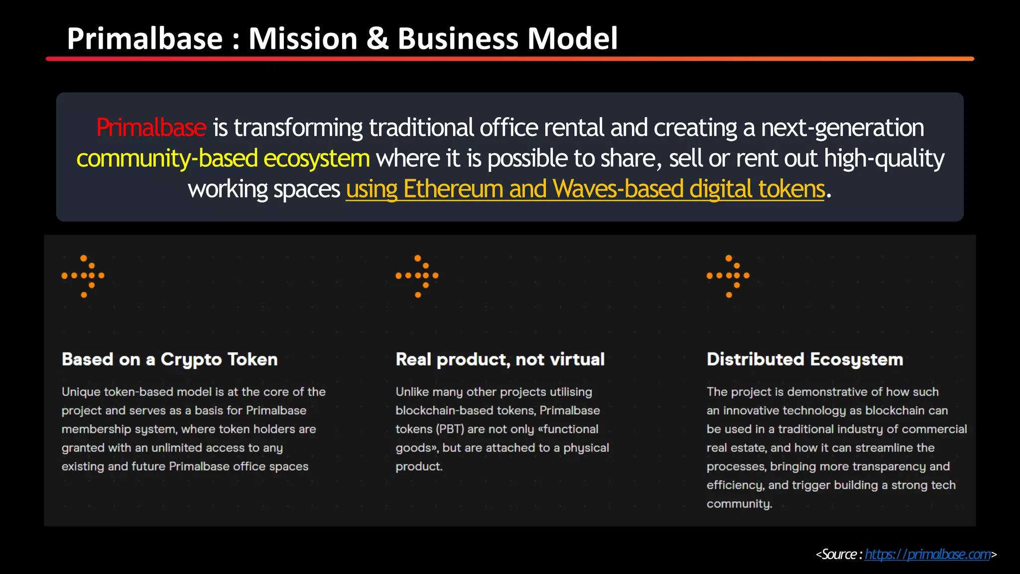 Primalbase : Mission & Business Model
<Source:https://primalbase.com>
Primalbase is transforming traditional office rental and creating a next-generation
community-based ecosystem where it is possible to share, sell or rent out high-quality
working spaces using Ethereum and Waves-based digital tokens.
 