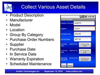 Collect Various Asset Details Product Description Manufacturer Model Location Group By Category Purchase Order Numbers Supplier Purchase Date In Service Date Warranty Expiration Scheduled Maintenance 