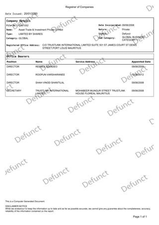 Registrar of Companies
20/01/2023
Date Issued:
Company Details
Date Incorporated:
Nature:
GLOBAL BUSINESS
CATEGORY 1
Sub Category:
Status:
09/06/2008
Private
Defunct
File No.:
Name:
C081052
Asset Trade & Investment Private Limited
Type:
Category:
LIMITED BY SHARES
GLOBAL
Registered Office Address: C/O TRUSTLINK INTERNATIONAL LIMITED SUITE 501 ST JAMES COURT ST DENIS
STREET,PORT LOUIS MAURITIUS
Office Bearers
Position Name Service Address Appointed Date
DIRECTOR REEMUL GIANDEO 09/06/2008
DIRECTOR ROOPUN VARSHARANEE 12/06/2012
DIRECTOR SHAH VINOD SHANTILAL 09/06/2008
SECRETARY TRUSTLINK INTERNATIONAL
LIMITED
MOHABEER MUNGUR STREET TRUSTLINK
HOUSE FLOREAL MAURITIUS
09/06/2008
of 1
Page 1
DISCLAIMER NOTICE
While we endeavour to keep the information up to date and as far as possible accurate, we cannot give any guarantee about the completeness, accuracy,
reliability of the information contained on the report.
This is a Computer Generated Document.
 