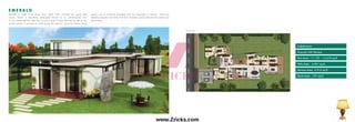 4 Bedrooms
Ground with Terrace
Plot Area - 11,137 - 14,610 sq.ft.
Villa Area - 4,901 sq.ft.
Terrace Area -3,513 sq.ft.
Deck Area - 757 sq.ft.
E M E R A L D
Planned in single level, these uber stylish villas overlook the grand golf
course. There’s a beautifully landscaped terrace for an uninterrupted view
of the course and the night sky. A central spine lit from the roof as well as the
garden spaces it connects to, while along the spine to reach the various living
spaces; one is constantly engaging with the landscape at intervals. There are
beautiful pergolas and decks that form transition spaces between the indoor and
the outdoors.
Ground Floor
www.Zricks.com
 