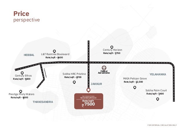 Century Ethos
Prestige Misty Waters
L&T Raintree Boulevard
Sobha HRC Pristine
Century Horizon
MAIA Pelican Grove
Sobha Palm Court
perspective
FOR INTERNAL CIRCULATION ONLY
Rate/sqft - 8000
Rate/sqft - 9500
Rate/sqft - 8600
Rate/sqft - 8700
Rate/sqft - 7750
Rate/sqft - 12,500
Rate/sqft - 7400
THE DOWNTOWN
Price
HEBBAL
THANISANDRA
JAKKUR
YELAHANKA
O
U
T
E
R
R
IN
G
R
O
A
D
7500
Rate/sqft
Jakkur

Aerodrome
NEIGHBOURHOOD
 