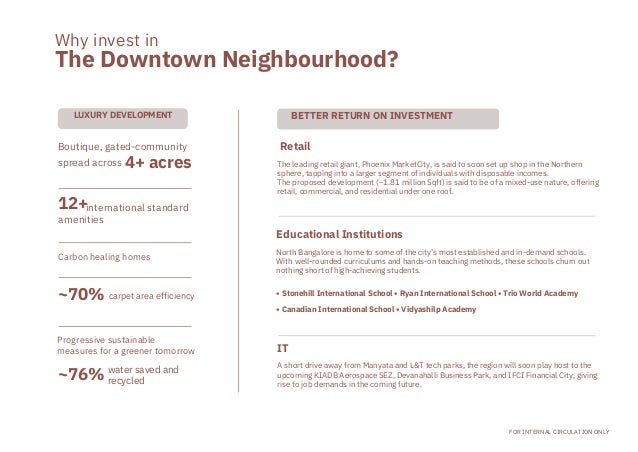 North Bangalore is home to some of the city’s most established and in-demand schools.

With well-rounded curriculums and hands-on teaching methods, these schools churn out
nothing short of high-achieving students.
• Stonehill International School • Ryan International School • Trio World Academy
• Canadian International School • Vidyashilp Academy
The leading retail giant, Phoenix MarketCity, is said to soon set up shop in the Northern

sphere, tapping into a larger segment of individuals with disposable incomes.
The proposed development (~1.81 million Sqft) is said to be of a mixed-use nature, offering
retail, commercial, and residential under one roof.
A short drive away from Manyata and L&T tech parks, the region will soon play host to the
upcoming KIADB Aerospace SEZ, Devanahalli Business Park, and IFCI Financial City, giving
rise to job demands in the coming future.
Boutique, gated-community
spread across
international standard
amenities
FOR INTERNAL CIRCULATION ONLY
water saved and

recycled
Carbon healing homes
Progressive sustainable
measures for a greener tomorrow
BETTER RETURN ON INVESTMENT
LUXURY DEVELOPMENT
IT
Retail
Educational Institutions
12+
~70%
~76%
4+ acres
The Downtown Neighbourhood?
carpet area efficiency
Why invest in
 