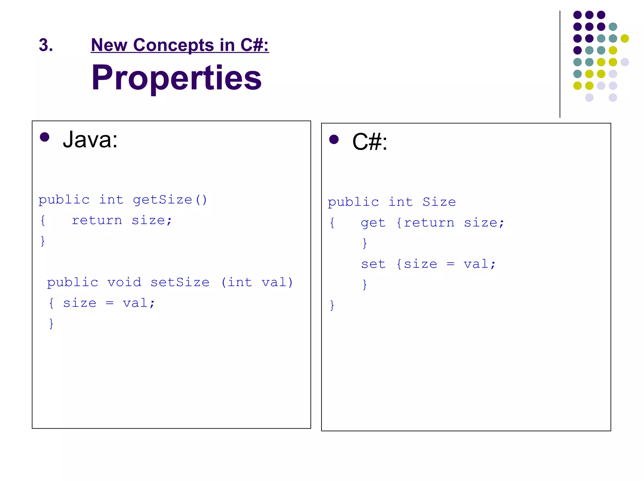 3. New Concepts in C#:
Properties
 Java:
public int getSize()
{ return size;
}
public void setSize (int val)
{ size = val;
}
 C#:
public int Size
{ get {return size;
}
set {size = val;
}
}
 